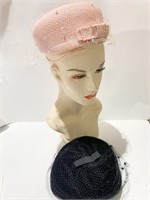 BLACK VELVET PILLBOX HAT AND PINK STRAW HAT WITH