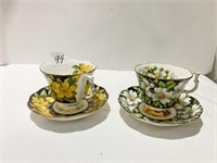 TWO CUP AND SAUCERS SETS BLACK WITH FLOWERS GOLD