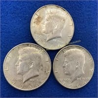 (3) 1964 Kennedy silver half dollars