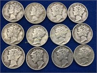 (12) Mercury silver dimes  1940s
