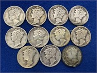 (11) Mercury silver dimes  1920s-30s