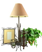 A 28"H Lamp, Iron Picture Frame, Faux Greenery, 3