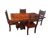 A Rustic Turquoise Inlay Wood Table w/ 4 Chairs.