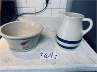 RED WING POTTERY BOWL & BLUE BANDED PITCHER