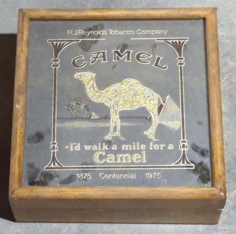Vtg 1975 Joe Camel Wood Cigarette Box W/ Mirror