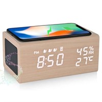 Wooden Digital Alarm Clock: Wireless Charging  Blu