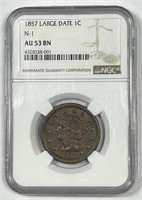 1857 Braided Hair Large Cent LD N-1 NGC AU53