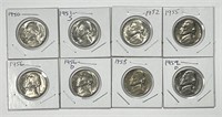 Lot of 8 Jefferson Nickels from the 1950's BU UNC