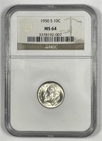1950-S Roosevelt Silver Dime NGC MS64