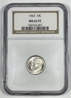 1964 Roosevelt Silver Dime NGC MS65 FT