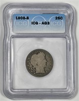 1908-S Barber Silver Quarter ICG AG3