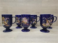 (6) Cobalt Blue Peacock Pedestal Mugs Signed