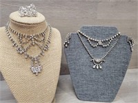 4 Rhinestone Necklaces + Earrings & 2 Brooches