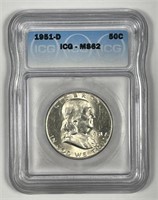 1951-D Franklin Silver Half ICG MS62