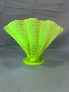 Fenton Opalescent Vaseline Hobnail Fan Vase