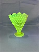 Fenton Opalescent Vaseline Hobnail Fan Vase