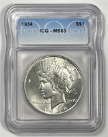 1934 Peace Silver $1 ICG MS63