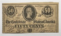 1864 Fifty Cents Confederate CSA Note