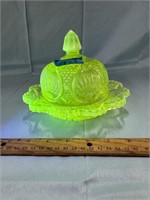 Opalescent Vaseline Glass Covered Butter Dish