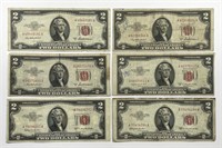 1953 A B C $2 Red Seal US Note AA Block Lot of 6