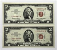 1963 $2 Red Seal US Note Pair AA Block AU/UNC