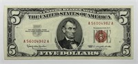 1963 $5 US Note Red Seal AA Block AU