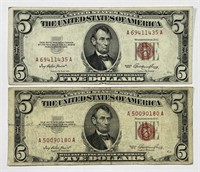 1953 $5 US Note Red Seal Pair AA Block