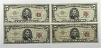 1963 $5 US Note Red Seal AA Block Lot of 4