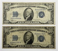 1934 A & C $10 Silver Certificate Pair