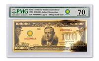 1934 $100,000 Gold Certificate Smithsonian PMG 70