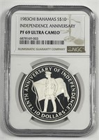 BAHAMAS: 1983 Silver $10 Independence NGC PF69 UC