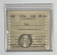 CANADA: 1956 Silver Ten Cent DOT ICCS MS-64