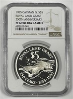 CAYMAN ISLANDS: 1985 Silver $5 Land Grant NGC PF69