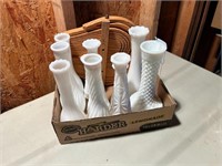 Group of Milk Glass Bud Vases & Collapsible Basket