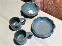 Bybee Pottery 4pc Teal-2 Punch Cups, 4" & 5" Bowl