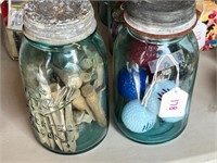 2 Blue Jars With Clothes Pins/Golf Balls