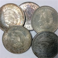 1968 MEXICO 25 PESO  6PCS .720 SILVER MS60-63