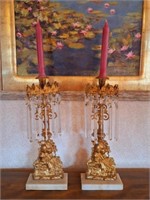 Pair of Mantel Iron Candle Holders w/ Glass Prisms