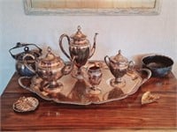 Silver Plate Tea Set, Bowl, Cracker Jar