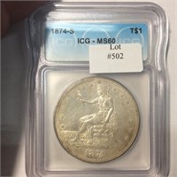 1874-S TRADE $1 ICG MS60  NICE BU+