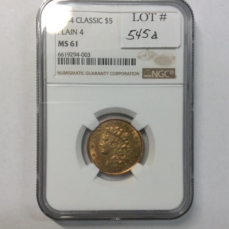 1834 $5 Classic Gold  Plain 4  NGC MS61