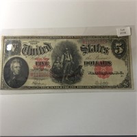 1907 $5 US NOTE "WOODCHOPPERS NOTE" VF+