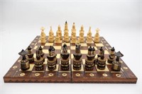 Folding Burnt Wood Chess Board and Pieces
