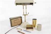 Brass Adjustable Desk Lamp, Card Holder, Pens
