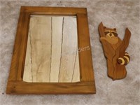 Wood Frame Mirror with Wood Wall Raccoon Sculpture