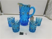 ANTIQUE BLUE PRESSED GLASS PITCHER & GLASSES