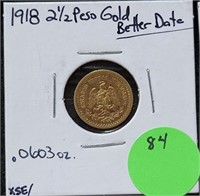 1918 2 1/2 PESO MEXICO GOLD COIN - .0603 OZ.