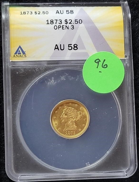 1873 - OPEN 3 LIBERTY $2.50 GOLD COIN - AU58