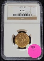 1900 LIBERTY $5 GOLD COIN - GRADED MS62