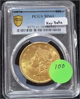 1874 LIBERTY $20 GOLD COIN - GRADED MS61